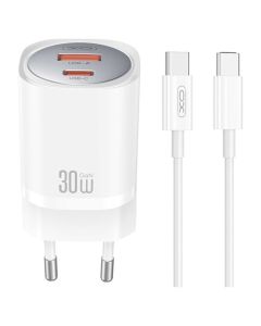 XO CE21 Wall Charger USB / Type-C 30W QC3.0 PD + Cable Type C to Type C Αντάπτορας Φόρτισης - White - MT80320