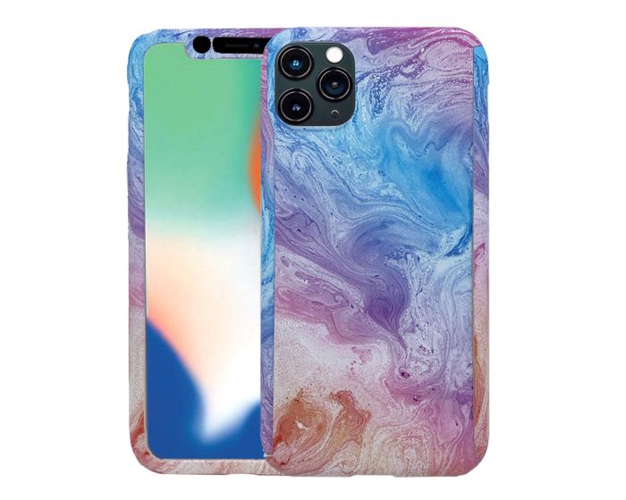 360 Full Cover Marble Case & Tempered Glass - No.6b Blue / Pink (iPhone 11 Pro Max)