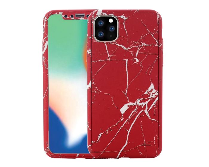 360 Full Cover Marble Case & Tempered Glass - No.12 Red (iPhone 11 Pro Max)