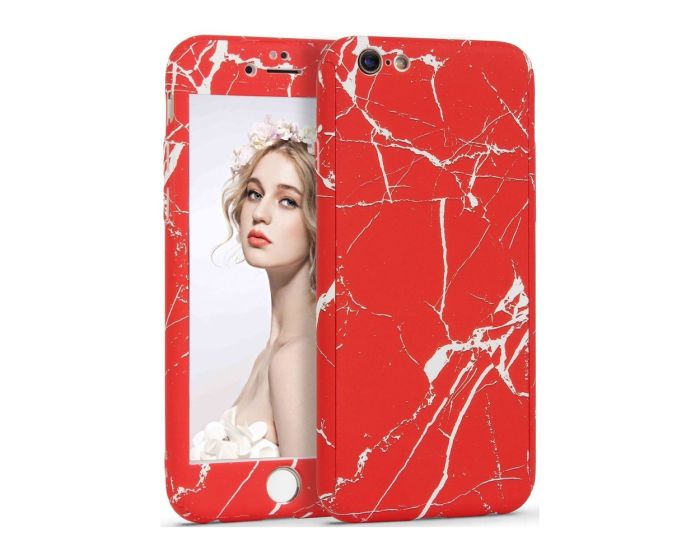 360 Full Cover Marble Case & Tempered Glass - No.12 Red (iPhone 7 / 8 / SE 2020 / 2022)