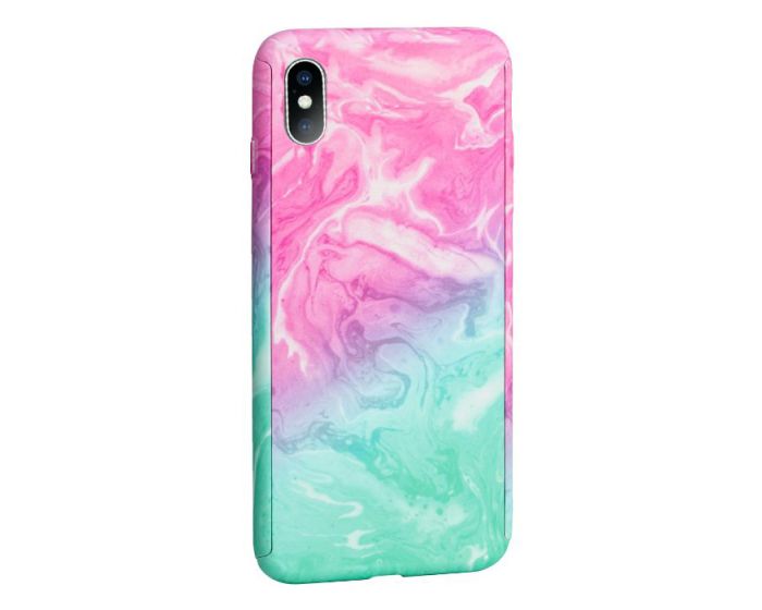 360 Full Cover Marble Case & Tempered Glass - No.6 Green / Pink (iPhone Xs Max)