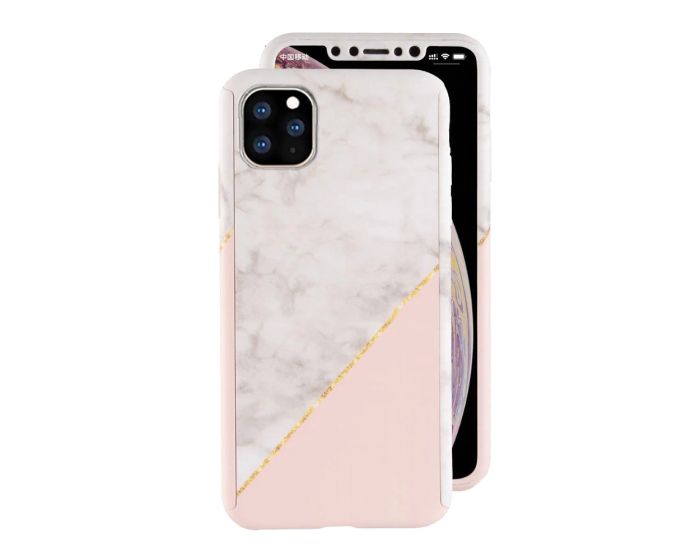 360 Full Cover Marble Case & Tempered Glass - No.8 White / Pink (iPhone 11 Pro)