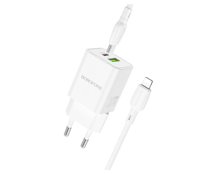 Borofone BN14 Royal GaN Wall Charger USB / Type-C QC 3.0 PD 30W with Type C to Lightning Cable Αντάπτορας Φόρτισης Τοίχου - White