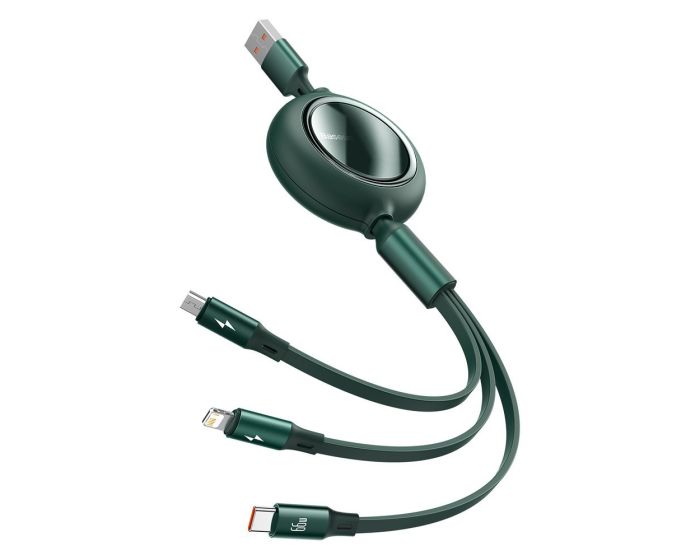 Baseus Bright Mirror 3in1 Retractable Data Cable USB to Type-C / Lightning / micro USB 66W (CAMLC-MJ06) Καλώδιο Φόρτισης 1.2m - Green