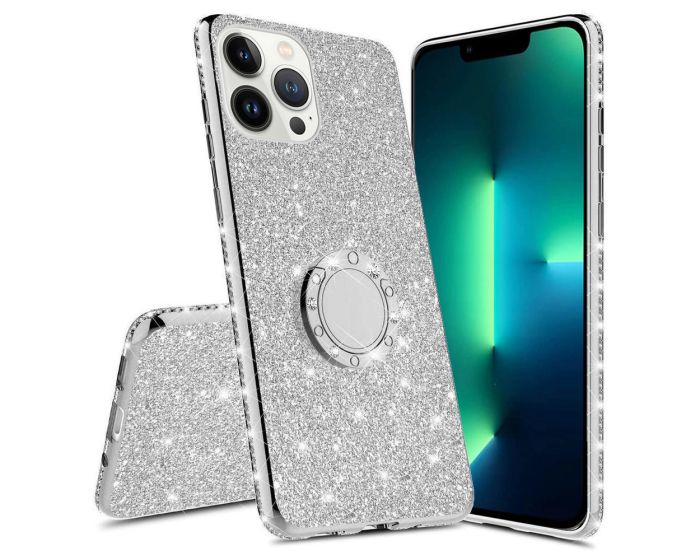 Diamond Ring Case με Electro Bumper και Glitter - Silver (iPhone 13 Pro)