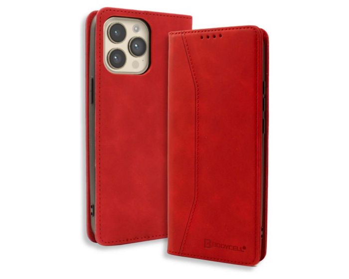 Bodycell PU Leather Book Case Θήκη Πορτοφόλι με Stand - Red (iPhone 15 Pro)