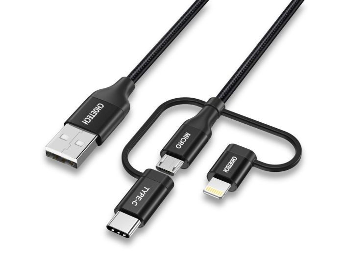 Choetech 3in1 MFI  USB Type-C / micro USB / Lightning (IP0030-BK) Καλώδιο Φόρτισης και Μεταφοράς Δεδομένων 1.2m - Black