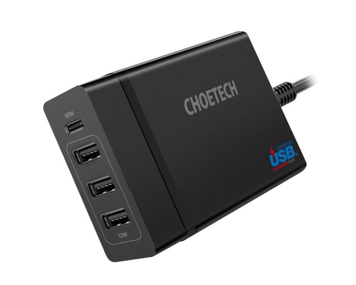 Choetech Charger 3x USB / 1X USB Type-C 60W PD (PD72-1C3U) Αντάπτορας Φόρτισης - Black
