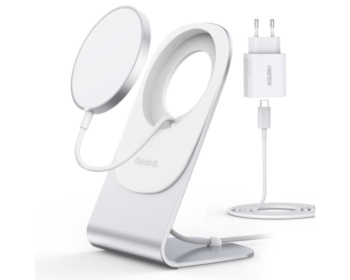 Choetech MagSafe (H047 + Q5004) Qi Wireless Charger 15W with Aluminum Stand + PD 20W AC Charger - Silver