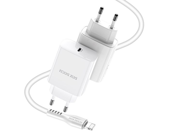 DUX DUCIS C60 Fast Wall Charger Type-C + Cable 1m Type-C to Lightning 20W PD Αντάπτορας Φόρτισης - White