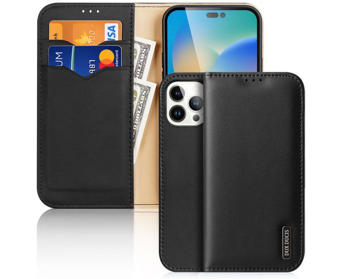 DUX DUCIS Hivo Leather RFID Wallet Case Δερμάτινη Θήκη Πορτοφόλι με Stand - Black (iPhone 14 Pro Max)