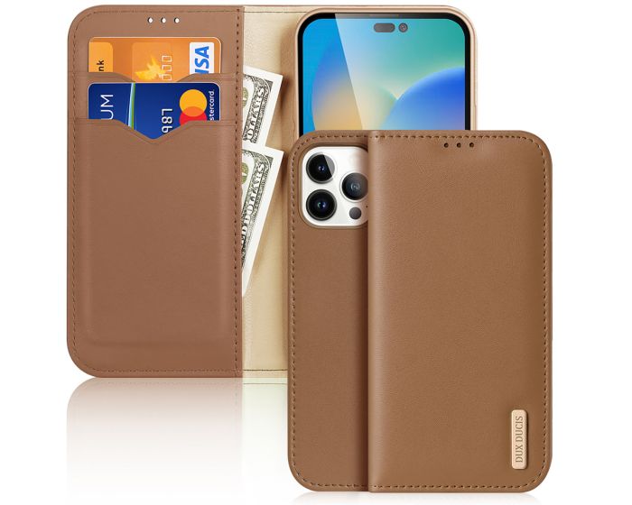 DUX DUCIS Hivo Leather RFID Wallet Case Δερμάτινη Θήκη Πορτοφόλι με Stand - Brown (iPhone 14 Pro Max)