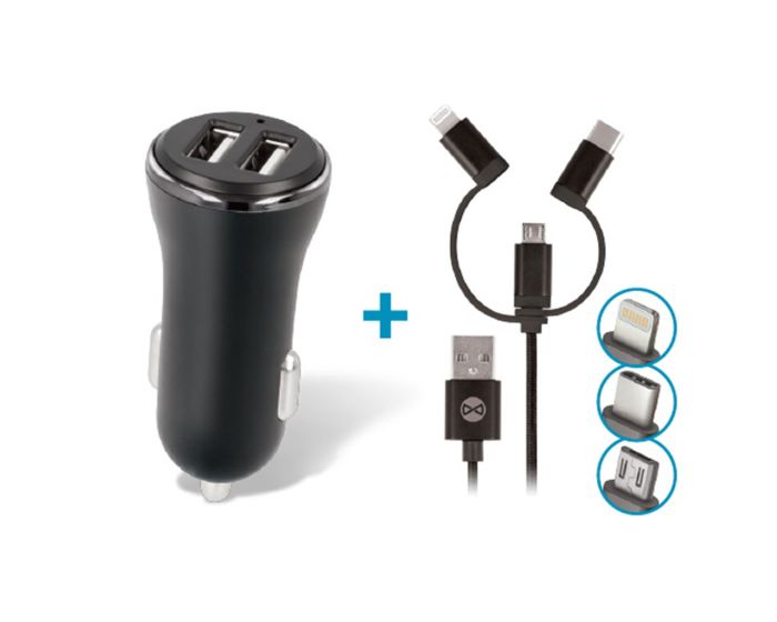 Forever CC-03 Car Charger 2x USB 2,4A + 3in1 Micro USB + Lightning + USB Type C Cable - Διπλός Φορτιστής Αυτοκινήτου - Black