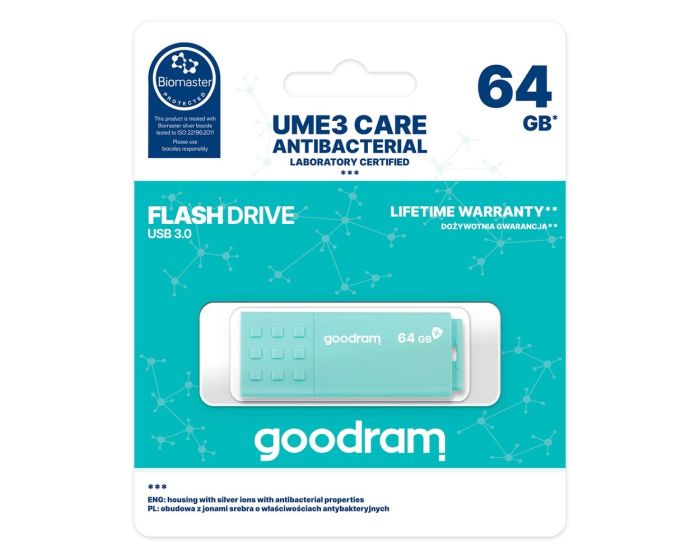 Goodram Care Antibacterial USB Flash Drive 3.0 UME3 Memory Stick 64GB Turquoise