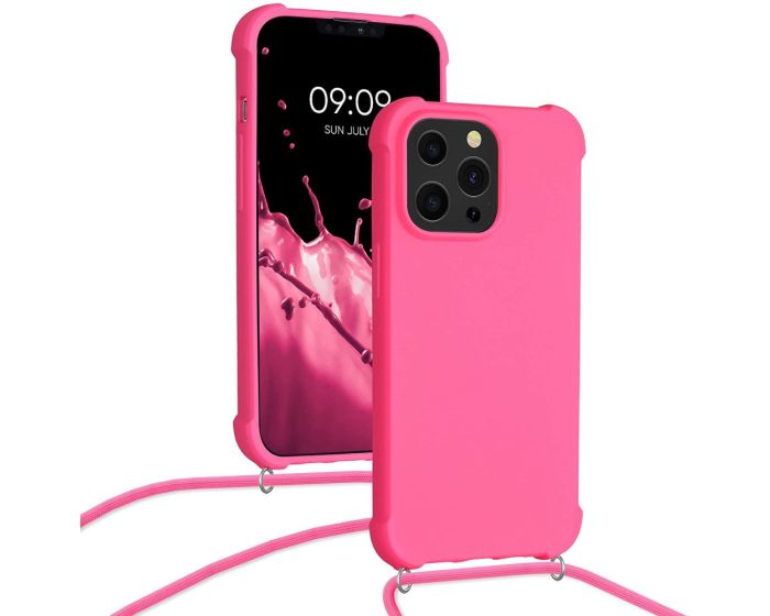 KWmobile Crossbody Silicone Case with Neck Cord Lanyard Strap (55964.77) Neon Pink (iPhone 13 Pro)