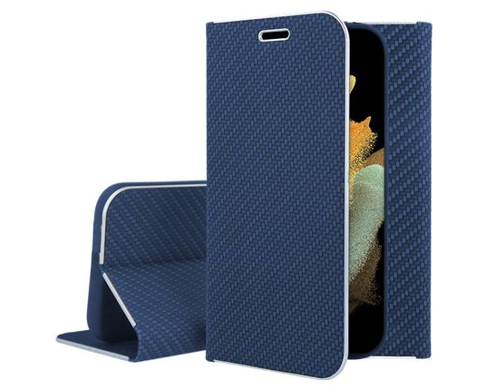 Forcell Luna Carbon Wallet Case Θήκη Πορτοφόλι με Δυνατότητα Stand - Blue (Samsung Galaxy S23 Ultra) - MT66004