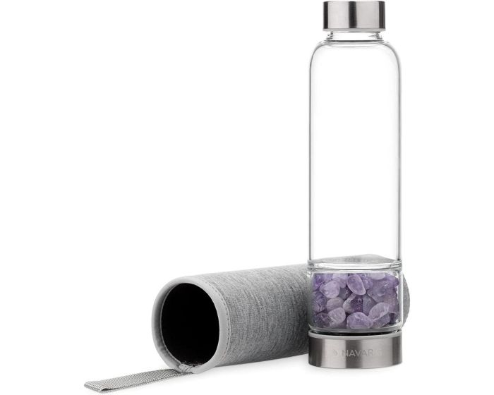 Navaris Crystal Water Bottle 420ml (53150.03) Γυάλινο Μπουκάλι Νερού με Πέτρες Αμέθυστου και Θήκη