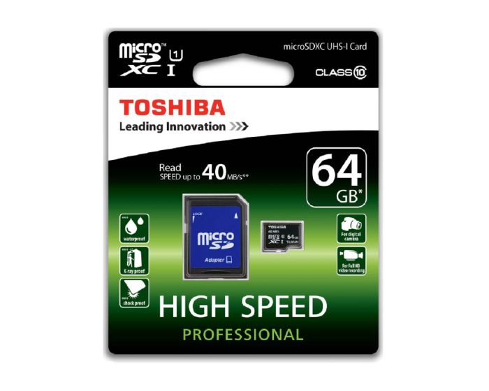 Toshiba Memory Card microSDXC 64gb Professional - Class 10 UHS-I with Adaptor