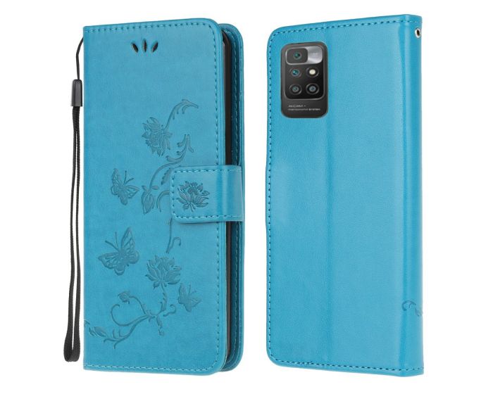 Fashion Wallet Case Θήκη Πορτοφόλι με Δυνατότητα Stand - Blue Butterfly Flower (Xiaomi Redmi 10)