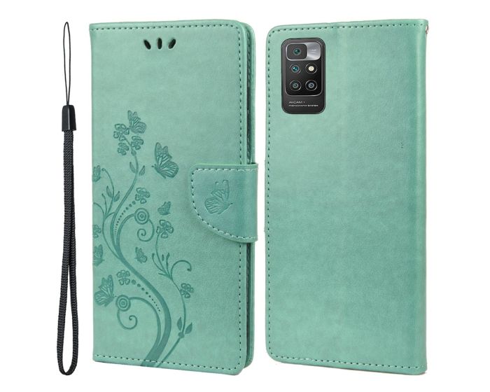 Fashion Wallet Case Θήκη Πορτοφόλι με Δυνατότητα Stand - Green Butterfly Flower (Xiaomi Redmi 10)