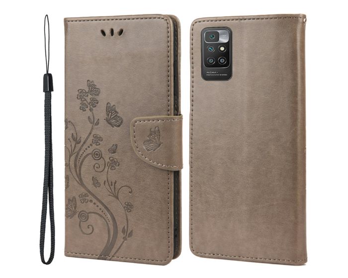 Fashion Wallet Case Θήκη Πορτοφόλι με Δυνατότητα Stand - Grey Butterfly Flower (Xiaomi Redmi 10)