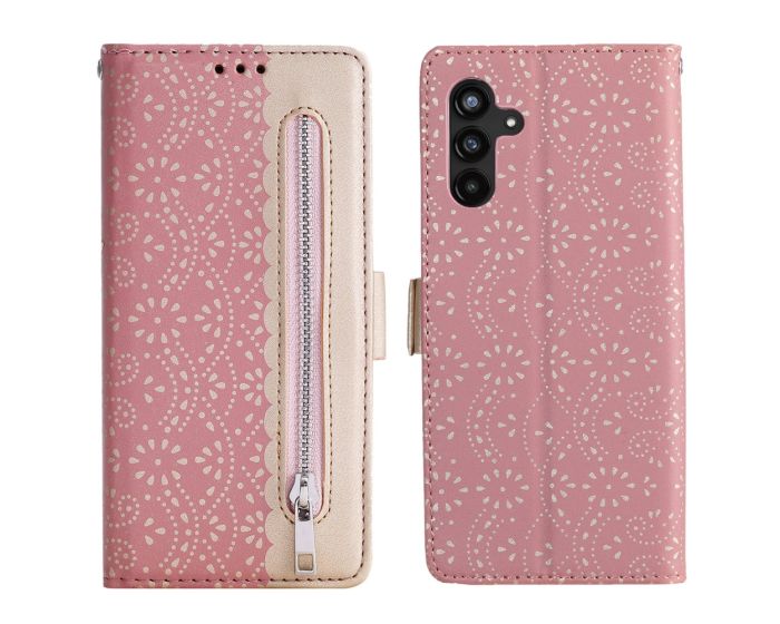 Zipper Lace Wallet Case Θήκη Πορτοφόλι με Δυνατότητα Stand - Rose Gold (Samsung Galaxy A13 5G / A04s)