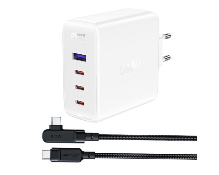 Acefast A37 GaN Wall Charger 100W 3xType-C PD / USB-A QC 3.0 + Angled Cable Type-C 2m - White