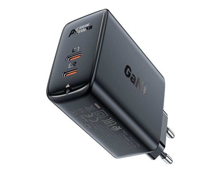Acefast A29 GaN Wall Charger 50W 2x Type-C PD QC 3.0 - Black