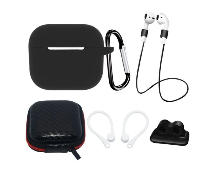 AirPods 3 Silicone Case Set + Case/Ear Hook/Neck Strap/Watch Strap Holder/Carabiner Clasp - Black