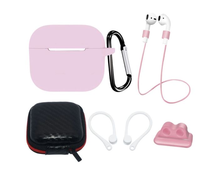 AirPods 3 Silicone Case Set + Case/Ear Hook/Neck Strap/Watch Strap Holder/Carabiner Clasp - Pink