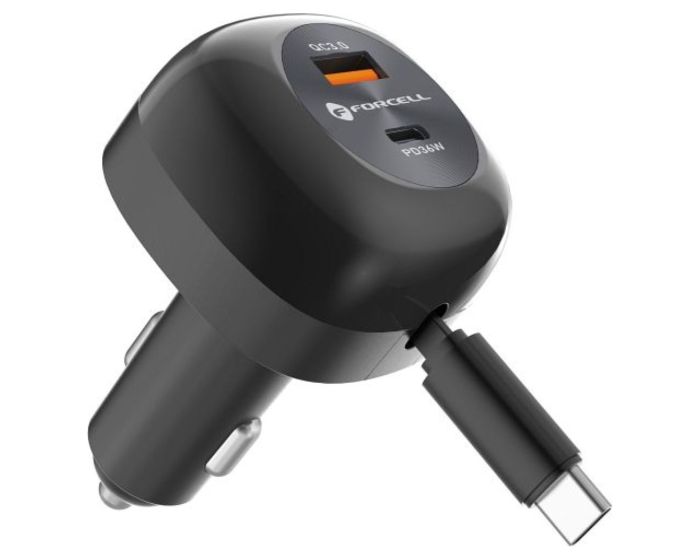 Forcell F-ENERGY Alu Car Charger with Retractable Cable Type C and Type C + USB A Sockets PD QC4.0 SFC2.0 3A 75W Φορτιστής Αυτοκινήτου - Black - MT80217