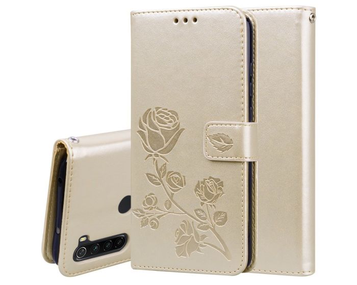 Art Wallet Case Θήκη Πορτοφόλι με Δυνατότητα Stand - Imprint Rose Flower Gold (Xiaomi Redmi Note 8T)