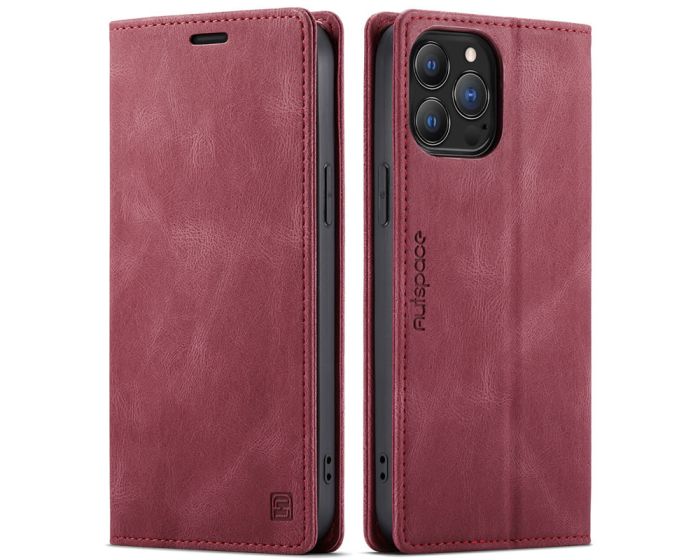 AutSpace PU Leather RFID Wallet Case Θήκη Πορτοφόλι με Stand - Red (iPhone 13 Pro)