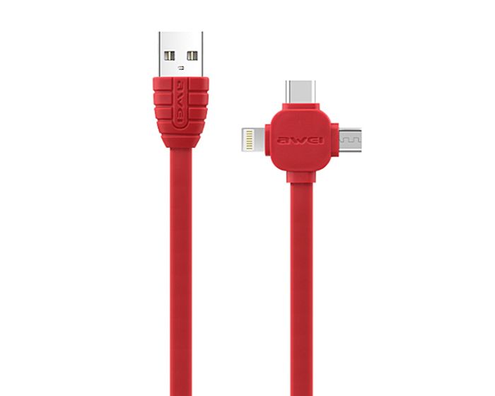 Awei CL-82 Cable 3in1 Καλώδιο Φόρτισης Micro USB / Lightning / Type-C 2A 1m - Κόκκινο