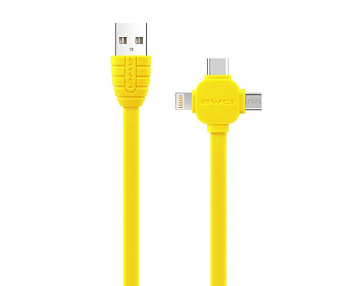 Awei CL-82 Cable 3in1 Καλώδιο Φόρτισης Micro USB / Lightning / Type-C 2A 1m - Κίτρινο
