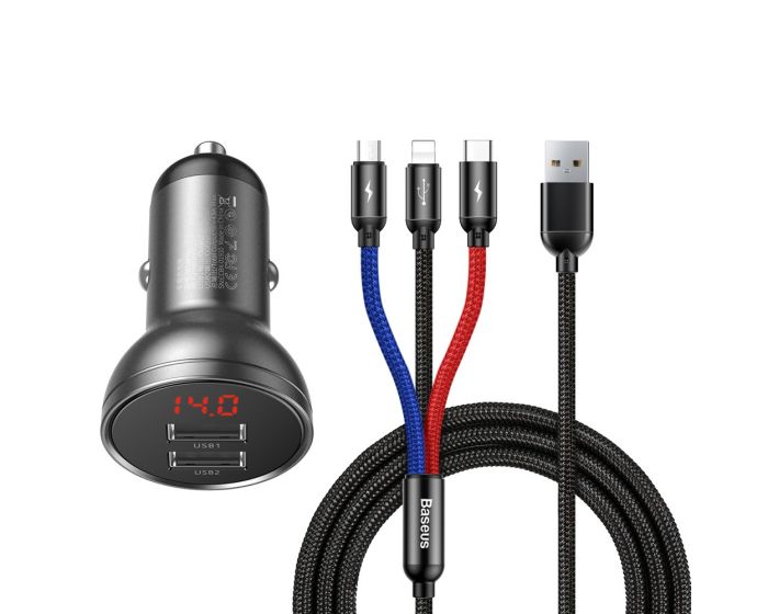 Baseus Car Charger with LCD 24W (TZCCBX-0G) Διπλός Φορτιστής Αυτοκινήτου 2xUSB 4.8A με Καλώδιο lightning / micro-USB / type-C - Gray