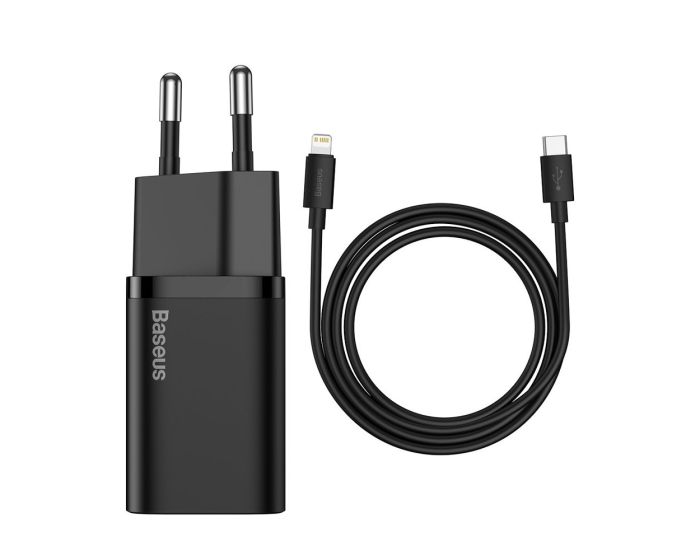 Baseus Super Si 1C Fast Wall Charger Type-C 20W QC3.0 PD + Type-C to Lightning Cable 1m (TZCCSUP-B01) Αντάπτορας Φόρτισης Τοίχου - Black