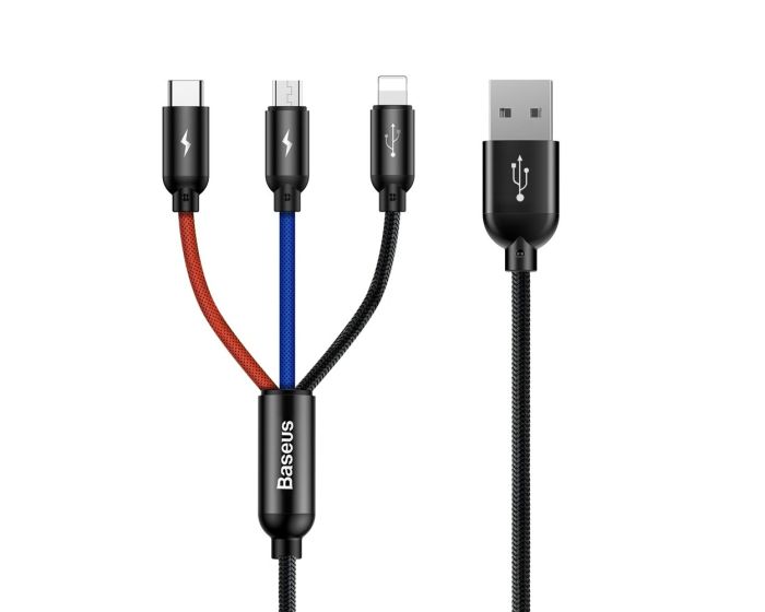 Baseus Three Primary Colors 3in1 USB to Lightning / Type-C / micro USB (CAMLT-BSY01) 3.1A Καλώδιο Φόρτισης 1.2m Black