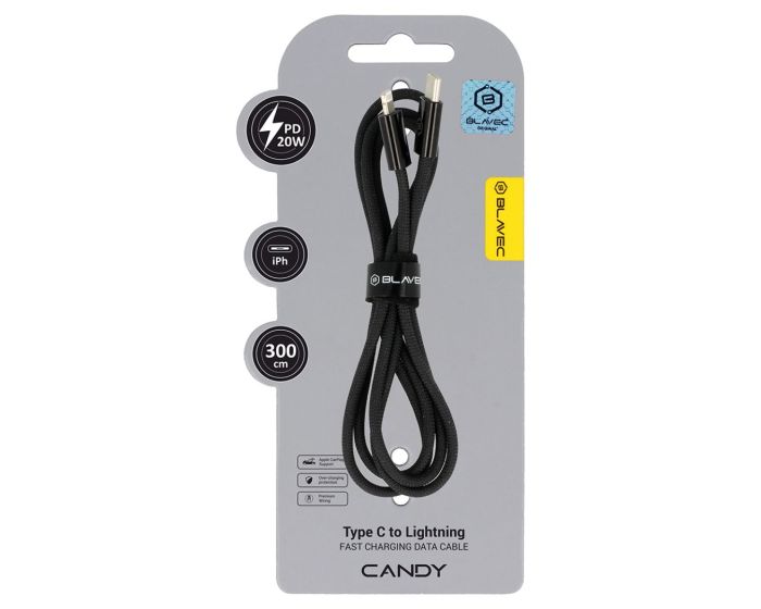 Blavec Candy Braided Fast Charging Data Cable PD 20W 2,4A (CCA-CL24B30) Καλώδιο Φόρτισης Type-C to Lightning 3m Black