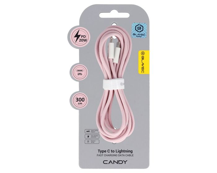 Blavec Candy Braided Fast Charging Data Cable PD 20W 2,4A (CCA-CL24P30) Καλώδιο Φόρτισης Type-C to Lightning 3m Pink