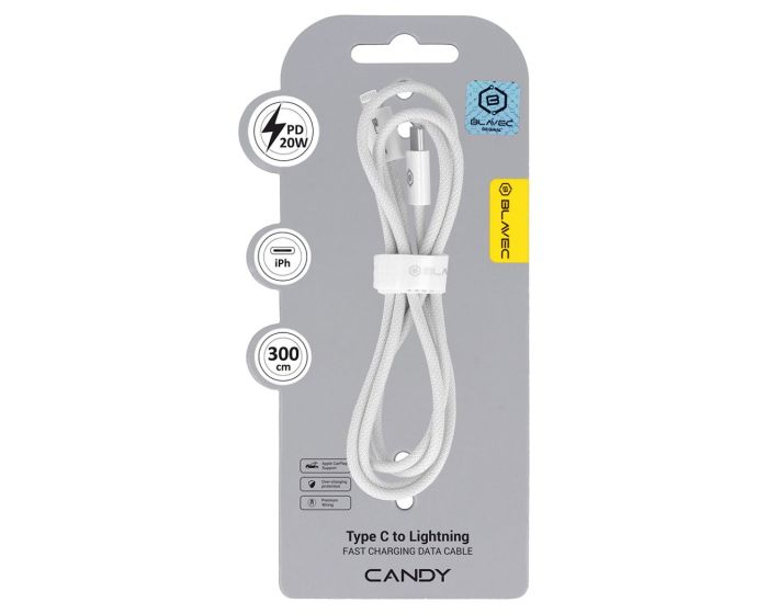 Blavec Candy Braided Fast Charging Data Cable PD 20W 2,4A (CCA-CL24W30) Καλώδιο Φόρτισης Type-C to Lightning 3m White