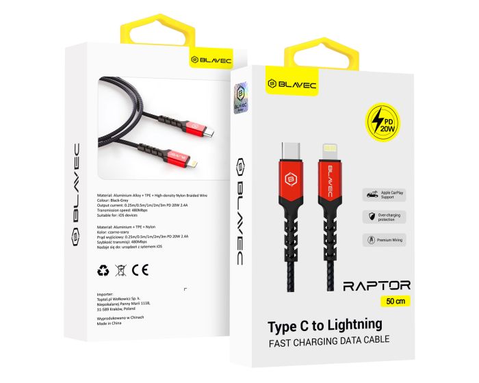 Blavec Raptor Braided Fast Charging Data Cable 20W Apple Car Play (CRA-CL24BR05) Καλώδιο Φόρτισης Type-C to Lightning 0.5m Black / Red