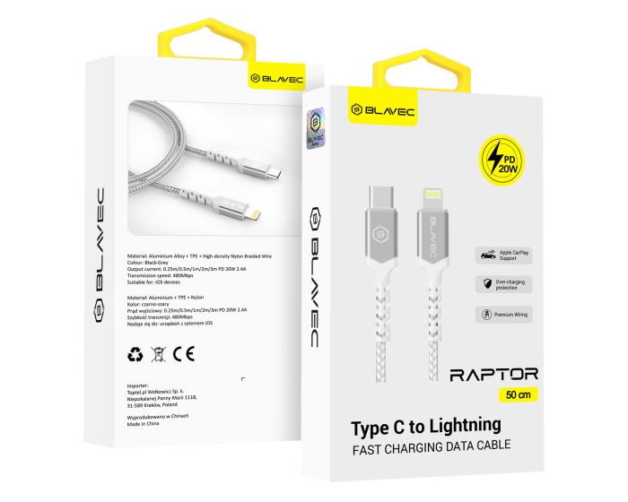 Blavec Raptor Braided Fast Charging Data Cable 20W Apple Car Play (CRA-CL24WS05) Καλώδιο Φόρτισης Type-C to Lightning 0.5m White / Silver