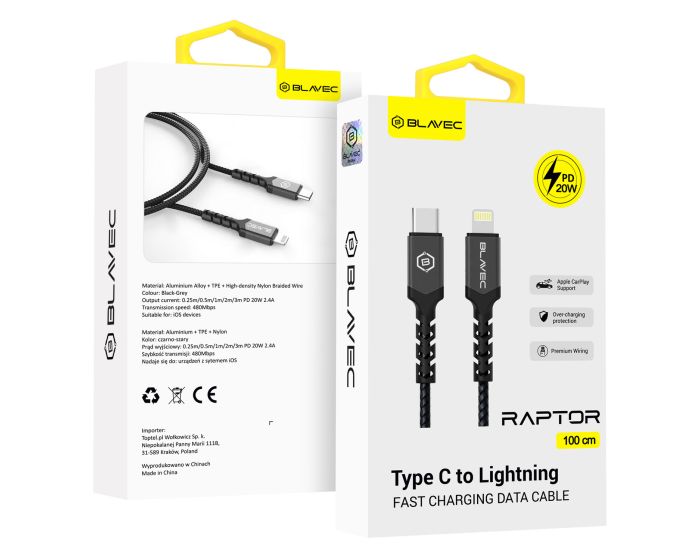 Blavec Raptor Braided Fast Charging Data Cable 20W Apple Car Play (CRA-CL24BG10) Καλώδιο Φόρτισης Type-C to Lightning 1m Black / Grey