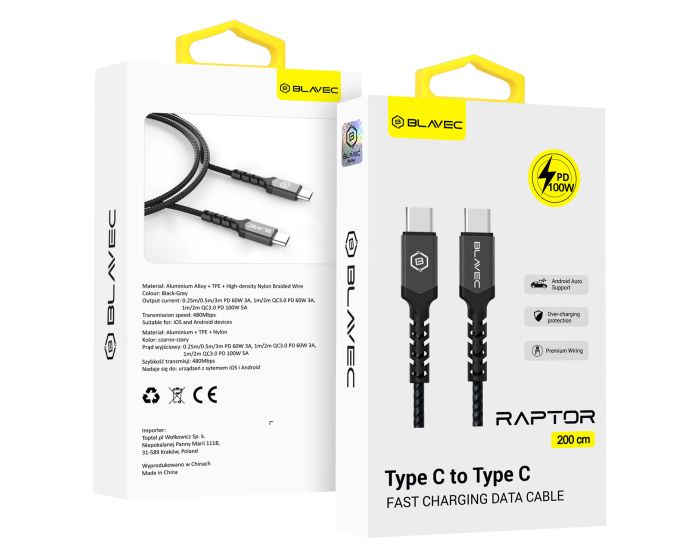 Blavec Raptor Braided Fast Charging Data Cable PD 100W Android Auto / Apple Car Play (CRA-CC5BG20) Καλώδιο Φόρτισης Type-C to Type-C 2m Black / Grey
