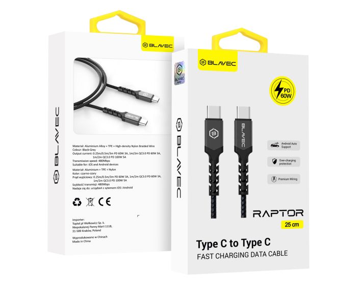 Blavec Raptor Braided Fast Charging Data Cable PD 60W Android Auto / Apple Car Play (CRA-CC3BG025) Καλώδιο Φόρτισης Type-C to Type-C 0.25m Black / Grey