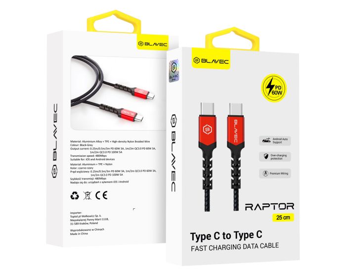 Blavec Raptor Braided Fast Charging Data Cable PD 60W Android Auto / Apple Car Play (CRA-CC3BR025) Καλώδιο Φόρτισης Type-C to Type-C 0.25m Black / Red