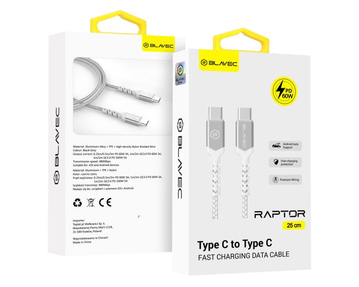 Blavec Raptor Braided Fast Charging Data Cable PD 60W Android Auto / Apple Car Play (CRA-CC3WS025) Καλώδιο Φόρτισης Type-C to Type-C 0.25m White / Silver