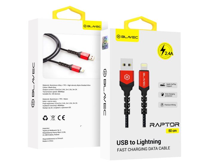 Blavec Raptor Braided Fast Charging Data Cable 2.4A Apple Car Play (CRA-UL24BR05) Καλώδιο Φόρτισης USB to Lightning 0.5m Black / Red