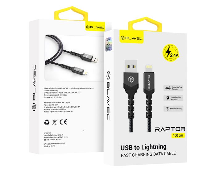 Blavec Raptor Braided Fast Charging Data Cable 2.4A Apple Car Play (CRA-UL24BG10) Καλώδιο Φόρτισης USB to Lightning 1m Black / Grey